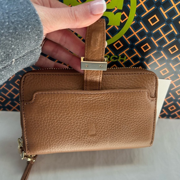 Tory Burch Plaque Wallet Wristlet Bark Gold Tan Brown - Picture 6 of 15